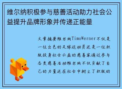 维尔纳积极参与慈善活动助力社会公益提升品牌形象并传递正能量
